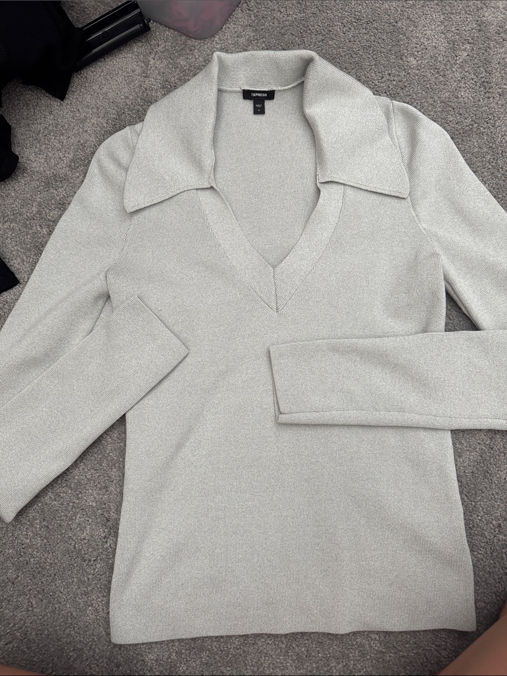 Express Silver Shimmer V-Neck Polo Sweater